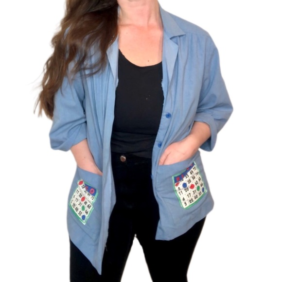 VINTAGE 80s Grandma Costume Blue Bingo Chambray Button-down Shirt Size Large - Picture 2 of 11